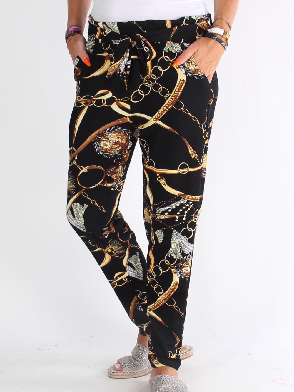 Rie - Svarta byxor med kedjemotiv och knytband